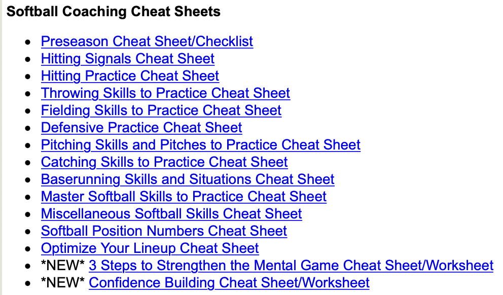softball coaching cheat sheets